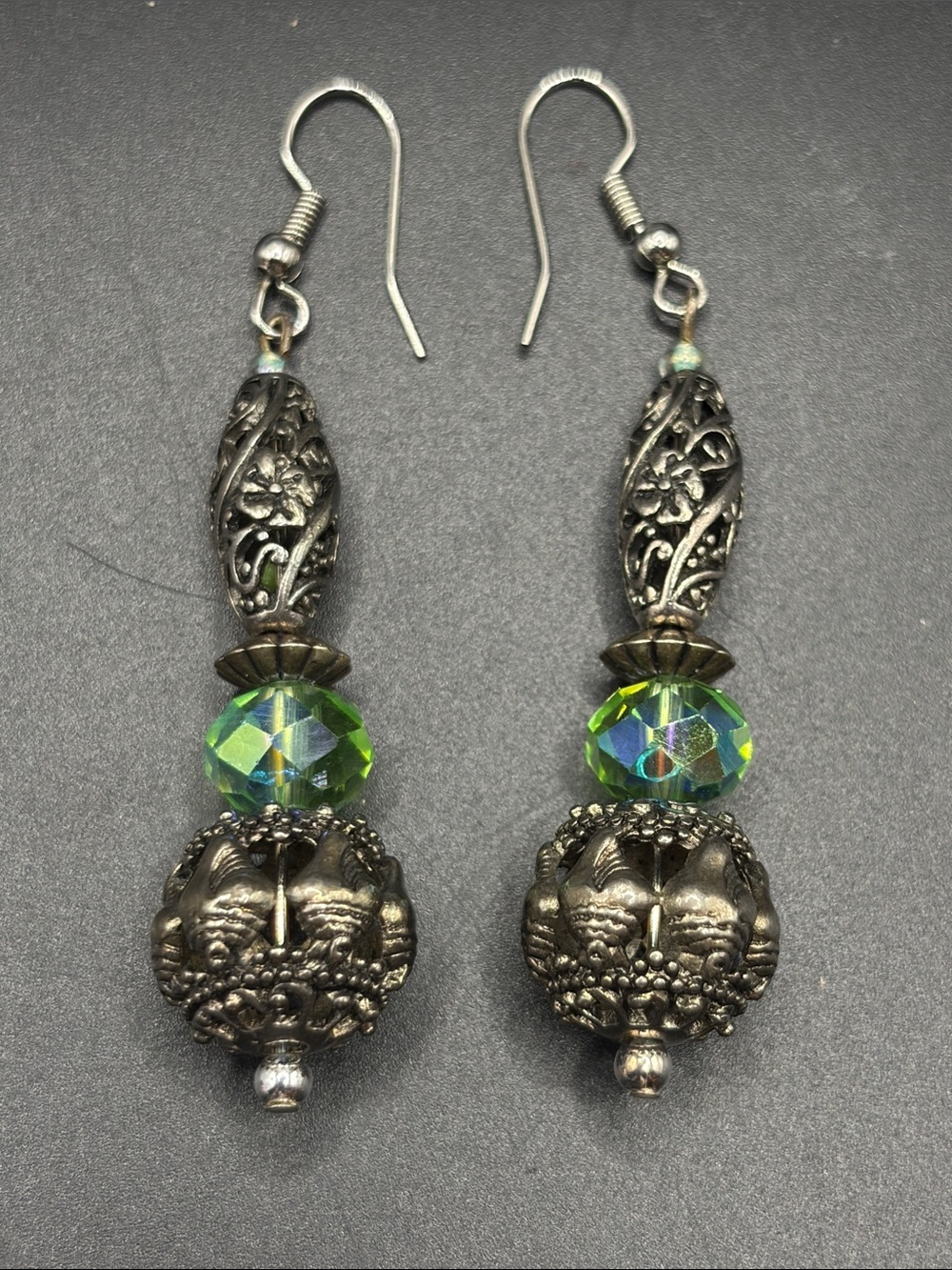 Floral Filigree Silver Tone Metal & Faceted Green Crystal Beaded Dangle Earrings
